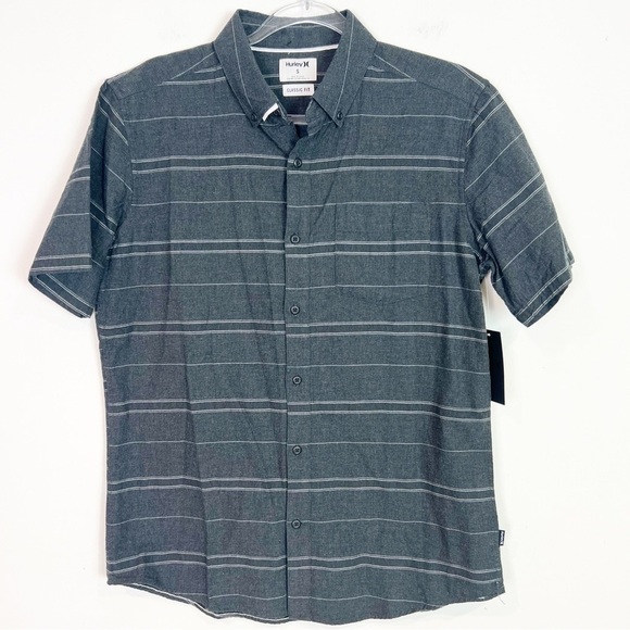 HURLEY GRAY STRIPE SHORT SLEEVE CLASSIC FIT SHIRT MENS SZ SMALL - Picture 1 of 6